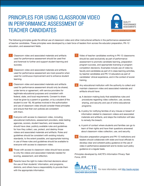 Front cover for resource Principles for Using Classroom Video in Performance Assessment of Teacher Candidates