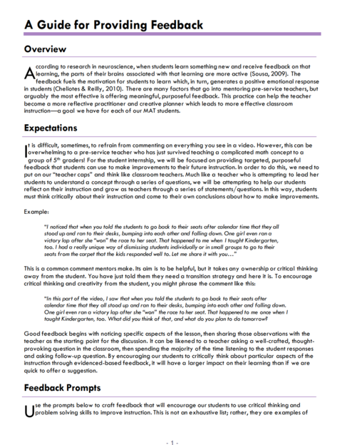 Front cover for resource A Guide for Providing Feedback