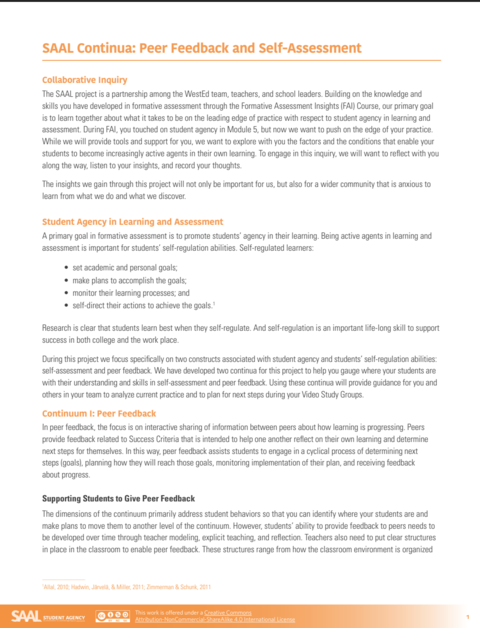 Front cover for resource Peer Feedback and Self-Assessment
