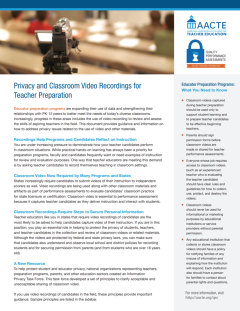 front cover of the resource Education Prep Programs: What You Need to Know about Privacy and Classroom Video Recordings for Teacher Preparation