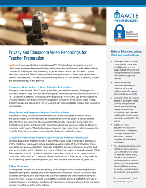 front cover of the resource National Education Leaders: What You Need to Know about Privacy and Classroom Video Recordings for Teacher Preparation