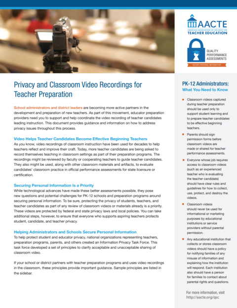 front cover of the resource PK-12 Administrators: What You Need to Know about Privacy and Classroom Video Recordings for Teacher Preparation 