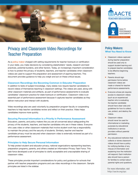 front cover of the resource Policymakers: What You Need to Know about Privacy and Classroom Video Recordings for Teacher Preparation