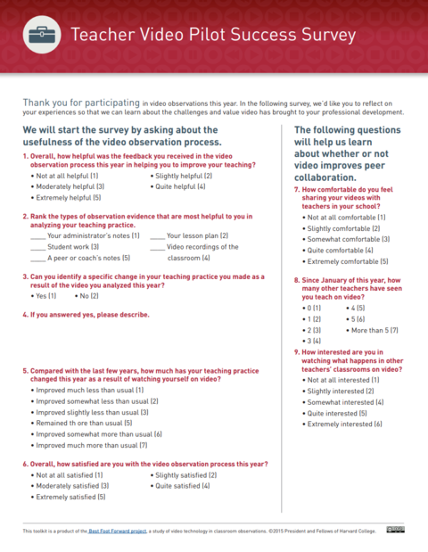 front cover of the resource teacher video pilot success survey