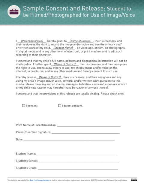 front cover of the resource sample consent and release form