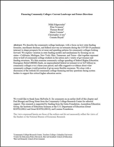Financing Community Colleges: Current Landscape and Future Directions